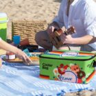 People sitting on a beach picnic with a blue blanket. A cooler bag is in the foreground, while one person reaches for a snack and another plays a ukulele. Baskets and beach items are scattered around.