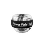 Clear plastic wrist exerciser labeled Power Wrist Ball with a black band around its center.