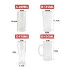 Four clear cups with different shapes and sizes, each labeled by volume and dimensions.