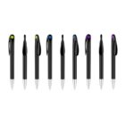 Eight black pens are lined up against a white background. Their clips have different colored dots: two green, one blue, one red, one blue, one red, and two purple.