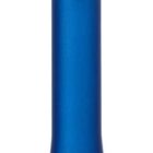 A blue and silver ballpoint pen with a black click button on top. The pen has a metallic finish and features two black bands near the tip for grip. The pen tip is extended, ready for writing.