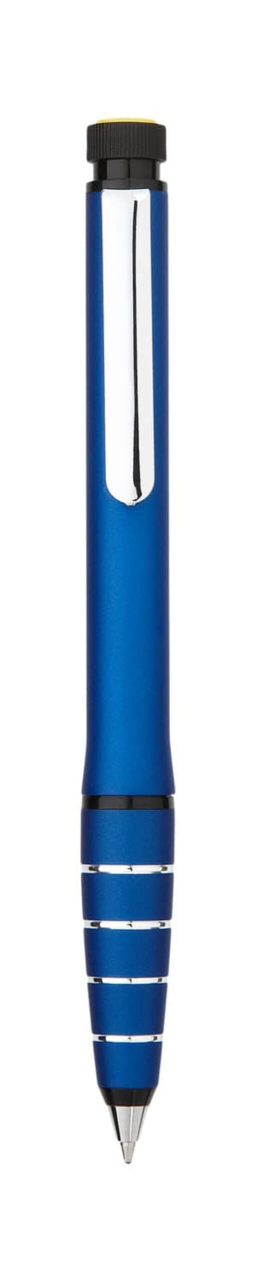 A blue and silver ballpoint pen with a black click button on top. The pen has a metallic finish and features two black bands near the tip for grip. The pen tip is extended, ready for writing.