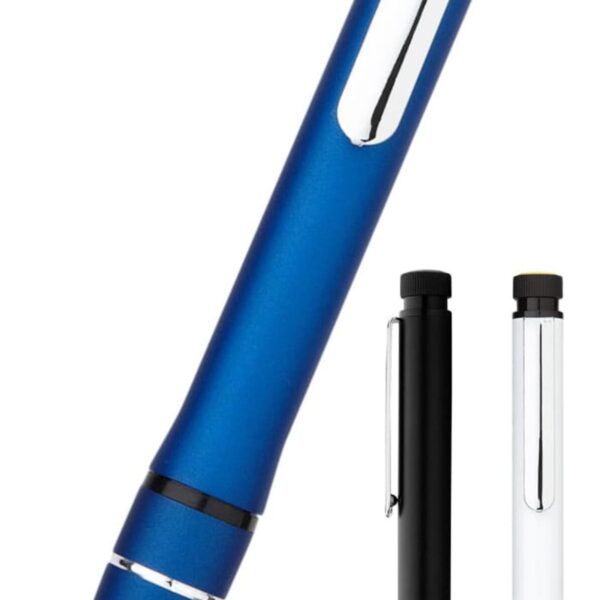 Three ballpoint pens are shown. The largest pen is metallic blue with a silver clip and black accents. Two smaller pens are black and silver, each with matching clips and accents. All have ribbed grips near the tip.