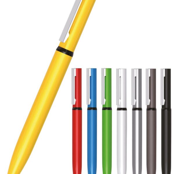 A collection of eight pens in various colors: yellow, red, blue, green, white, silver, gray, and black. Each pen has a metallic clip and a sleek design, displayed vertically with the yellow pen shown larger on the left.
