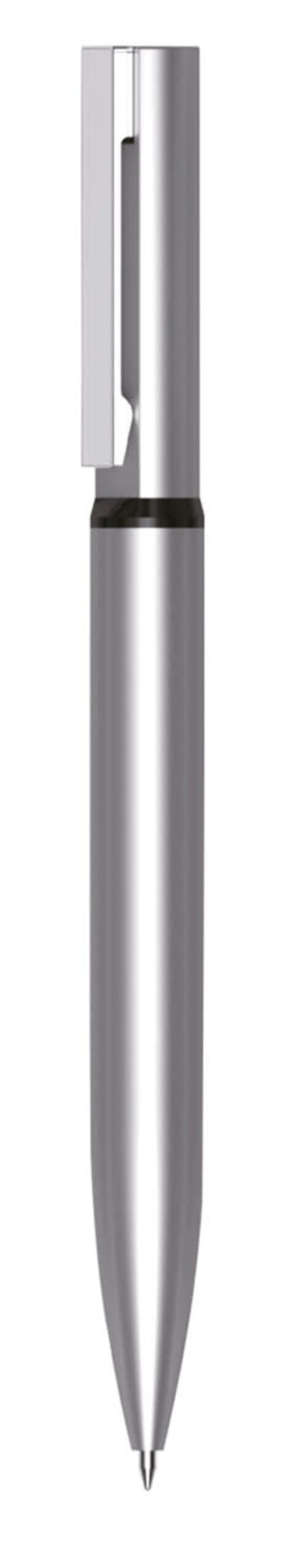 A sleek silver ballpoint pen with a metallic finish is shown against a white background. The pen features a clip on the side for attaching to notebooks or pockets. The design is modern and minimalistic.