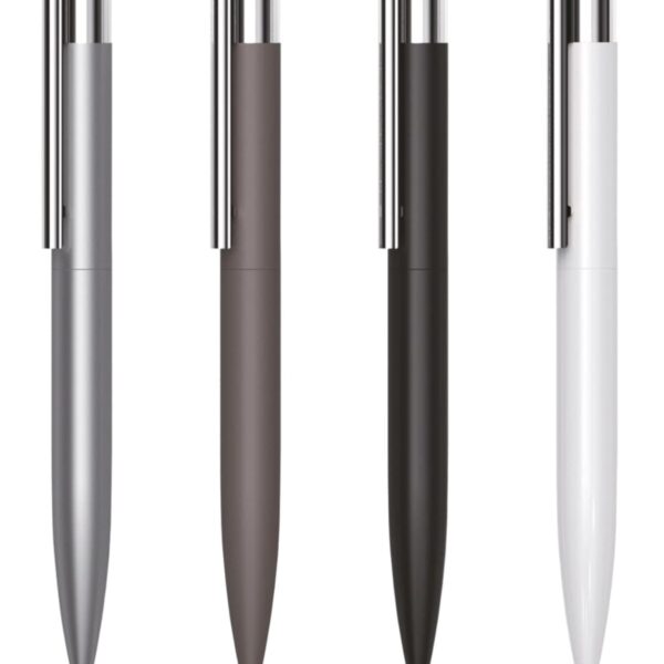 Four sleek ballpoint pens stand in a row. The pens are silver, brown, black, and white, each with a metallic clip. The design is minimalist and modern.