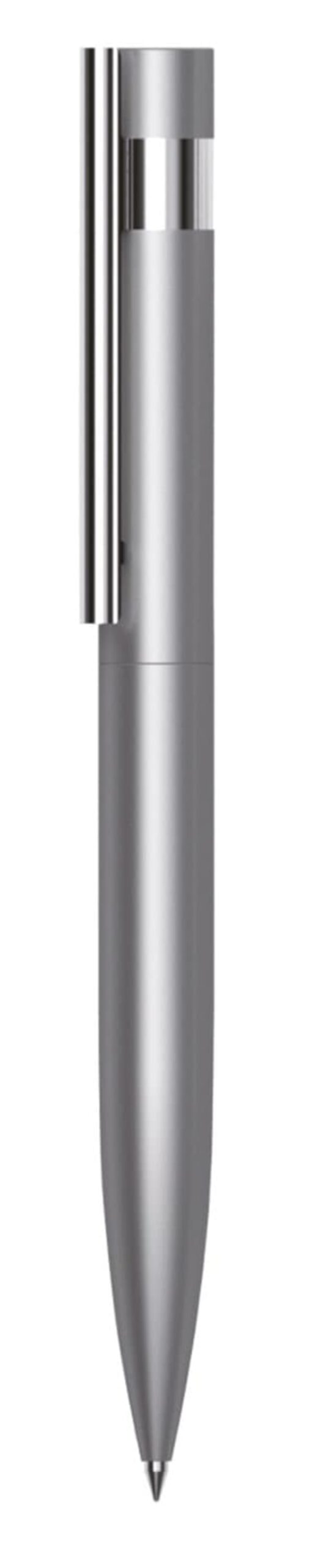 A sleek, metallic gray pen with a shiny clip and rounded tip. It has a modern design with a reflective surface, giving it a polished appearance. The pen is positioned vertically against a plain white background.