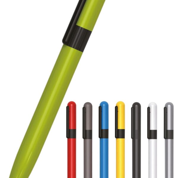 A large green pen with a black clip is centered above seven smaller pens in a row, each featuring a black clip and available in green, red, brown, blue, yellow, black, and white.