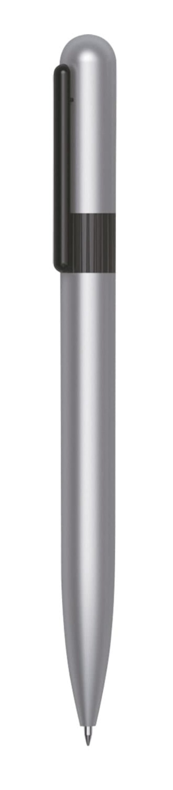 A sleek silver pen with a rounded tip and a black clip near the top. The design is minimalist, with a smooth metallic finish and a black textured band around the upper part.