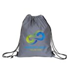 A gray drawstring backpack featuring an infinity symbol in green and blue. Below the symbol, the text reads INFINITY LOGO with TAGLINE HERE in smaller font. Black drawstrings extend from the top.