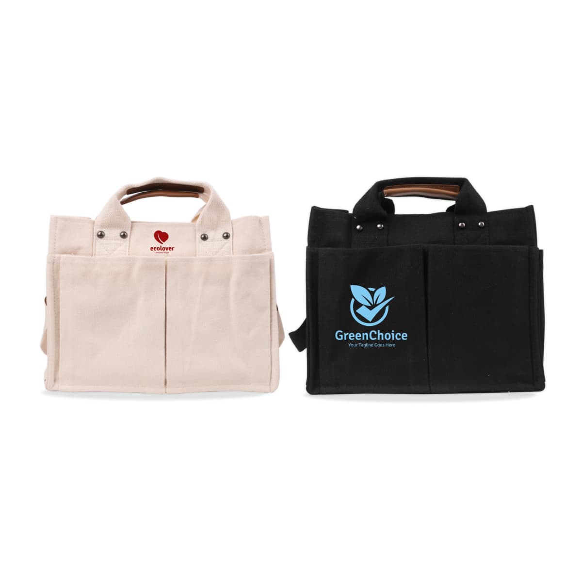 Two canvas tote bags are displayed side by side. The left bag is beige with a red heart logo and the word Ecobee below it. The right bag is black with a turquoise leaf logo and the text GreenChoice underneath. Both have brown handles.