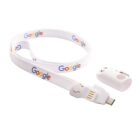 White lanyard with the Google logo, featuring an integrated USB-C cable and detachable protective cap.