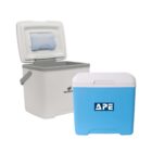 Two coolers are shown. One is a gray TELESIN cooler with its lid open, revealing an ice pack inside. The other is a smaller blue APE cooler with its lid closed. Both are set against a white background.