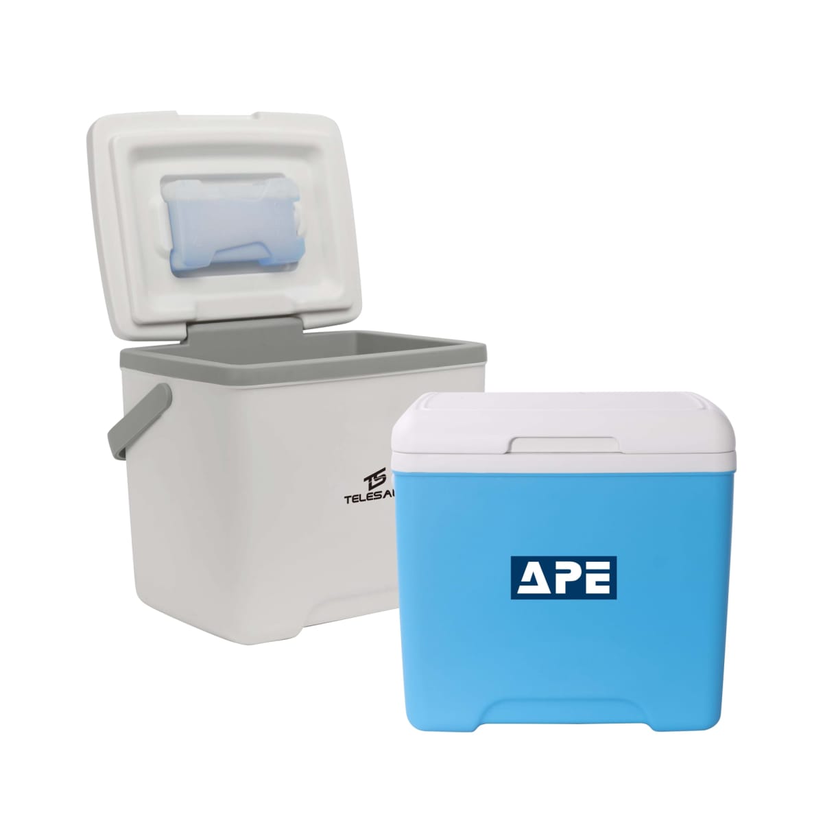 Two coolers are shown. One is a gray TELESIN cooler with its lid open, revealing an ice pack inside. The other is a smaller blue APE cooler with its lid closed. Both are set against a white background.
