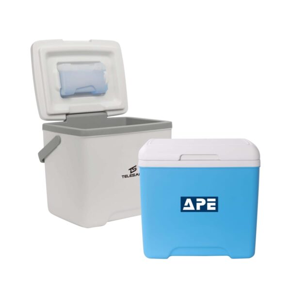 Two coolers are displayed: a blue, closed cooler with APE on it and a larger, open grey cooler with TELESIVA next to a logo. The grey cooler has a handle and a white lid with a blue ice pack inside.
