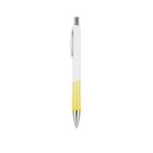 A retractable pen with a white barrel and yellow accents near the grip. It features a silver clip and tip against a white background.