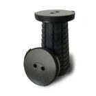 A black portable folding stool with a cylindrical, accordion-like design. One stool is fully extended, and another is partially collapsed, showcasing its compact and adjustable features.