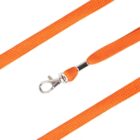 A close-up image of an orange dog leash with a metal clasp. The texture of the leash is visible, revealing a woven fabric. The clasp is shiny and securely attached to the leash. The orange color is bright and vivid.