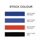 Four horizontal color swatches: blue (600*50*0.5MM, PMS 3597C), blue (600*50*0.5MM, PMS 4142C), red (600*50*0.9MM, PMS 2034C), and black (600*50*1.1MM). Title STOCK COLOUR above.