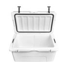 Open white cooler with a hinged lid and black latches, showing a spacious interior divided into two sections. The exterior is plain with two handles on each side.