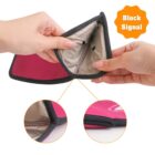 Hands holding a red and gray RFID-blocking pouch with black trim. Two close-up insets show its material and zipper details. An orange badge with the text Block Signal is featured on the top right.