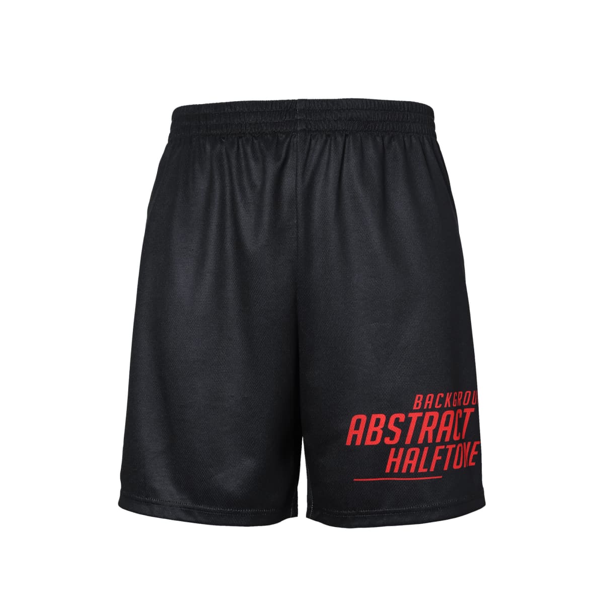 Black athletic shorts with a red design and the text Abstract Halftone printed in red on the front.