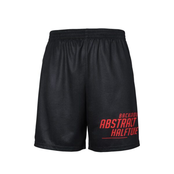 Black athletic shorts with the text Backdoor Abstract Halftone in red on the left leg. They have an elastic waistband and a plain design.