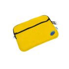 A bright yellow pouch with a black zipper closure and a blue circular patch on one corner. The pouch has double zippers at the top and a small side tag.