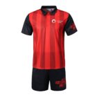 Red and black striped sports jersey with a collar and matching black shorts. The jersey has COMPANY NAME and a circular logo. The shorts say ABSTRACT HALF in red text.