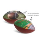 Two footballs displaying different images. The front football shows a close-up of a football on grass. The back football illustrates a stadium scene with a field and crowd. Text reads, Can be printed on 2 panels or more.