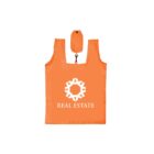 Orange reusable shopping bag with a white geometric logo and the words REAL ESTATE printed on it. The bag has a small attached pouch at the top for convenient folding and storage.