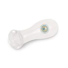 A transparent, curved massage tool featuring a circular logo with text and a colorful design in the center. The tool has a smooth, rounded edge and a flared base, designed for comfortable use.