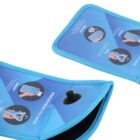 Blue inflatable product with close-up views of a valve and illustrated instructions for inflating. The material appears smooth, and the instructions include steps labeled insert and lock.