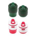 Four foldable silicone cups are shown: two green and two red with white. They are compactly collapsed, each with a lid and handle on top.