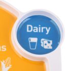 Close-up of a plate section labeled Dairy in white text on a blue background. The section includes icons of a glass of milk and a piece of cheese.
