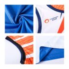 A collage showing close-ups of sports garments. Top-left: blue fabric with a textured swirl. Top-right: white and orange jersey with a logo. Bottom-left: orange fabric with white dots. Bottom-right: the inside seam of a white and blue shirt.