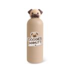 A beige water bottle with a cute dog-shaped cap resembling a pug. The bottle features a cartoon pug and the text Doogies Animutt with a small paw print.