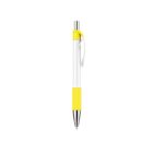 A white and yellow retractable ballpoint pen with a metal tip and clip, resting against a plain white background.