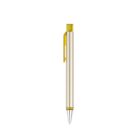 A sleek, modern ballpoint pen with a cream-colored barrel and a yellow clip and top. The pen is positioned vertically against a plain white background.