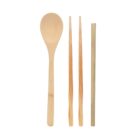 A set of eco-friendly bamboo utensils on a white background, including a spoon, two chopsticks, and a straw.
