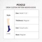 An illustration showing specifications for PCH212 crew custom pattern woven socks. Features include adult sizes 7-12, regular thickness, casual use, and regular base. Image of a blue sock indicating style: crew.