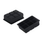 Two black silicone ice cube trays on a white background. One tray is flipped to show its six square compartments, while the other displays its flat underside with six cube molds.