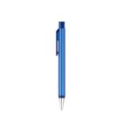 A blue pen with a clip and a silver tip, resting vertically against a plain white background.
