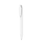 A sleek white ballpoint pen with a clip, positioned vertically against a plain white background.
