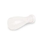 Clear, empty glass carafe lying on its side against a white background.