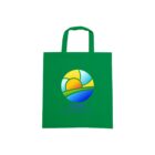 Green tote bag featuring a colorful abstract circular design with sun and landscape elements. Below the design, there are placeholder text words LOREM ipsum dolor a met in blue.
