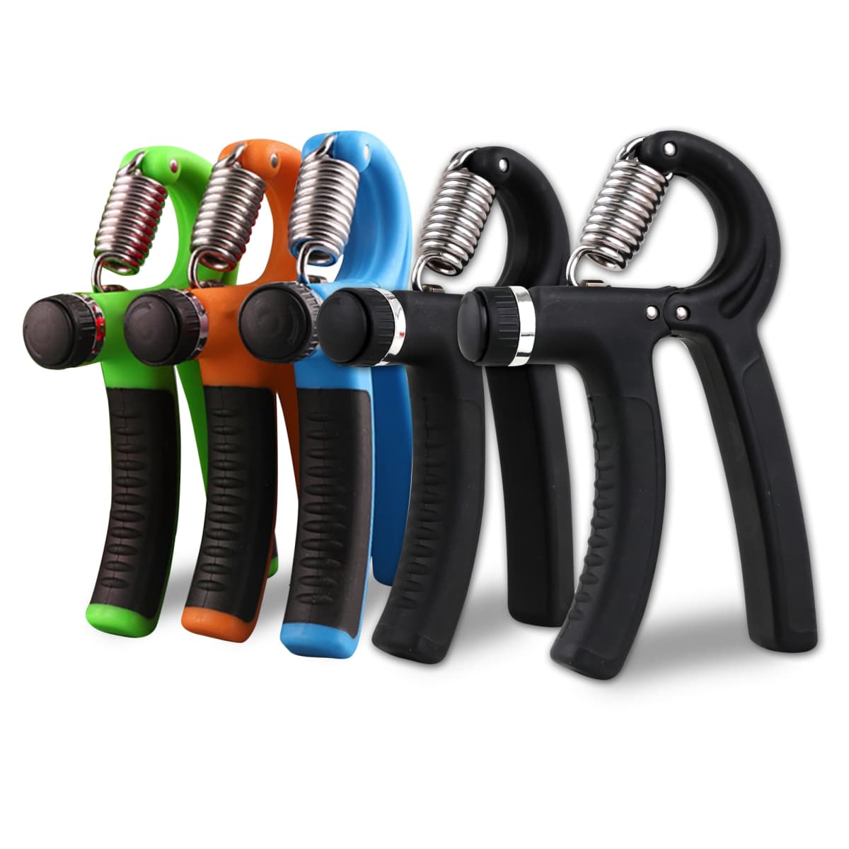 Five hand grip strengtheners in green, orange, blue, and black are arranged side by side. They each have adjustable resistance dials and metal springs at the top. The grips are textured for easy handling.