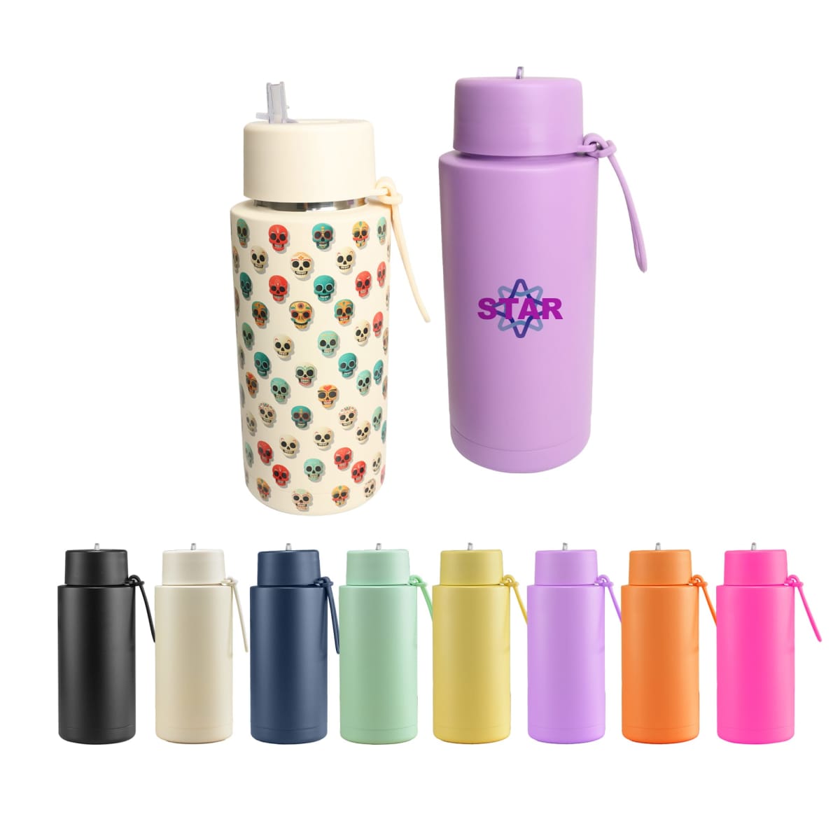 Ten colorful water bottles, two with designs and eight in solid colors, displayed in a row.