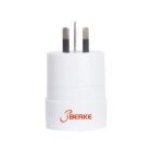 A white electrical plug adapter with two round prongs and a central ground pin, featuring the red text BERKE on its front. The adapter is shown on a plain white background.