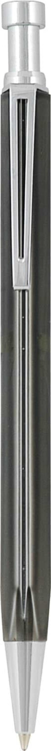 A metallic ballpoint pen with a sleek silver clip and a dark gray barrel. The pens tip is pointed and appears ready for writing.